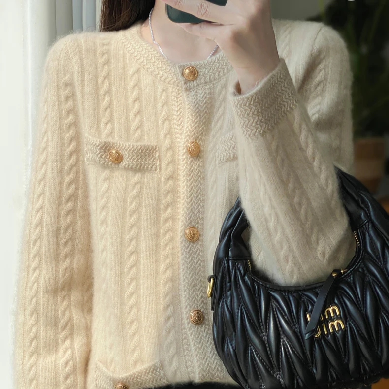 100纯羊毛衫女气质显瘦加厚圆领开衫D327清