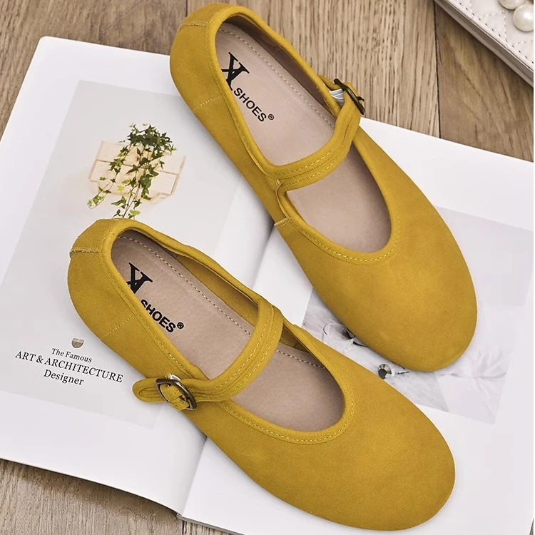 爆款复古真皮平底浅口柔软磨砂皮一字带韩版玛丽珍圆头单鞋外穿女