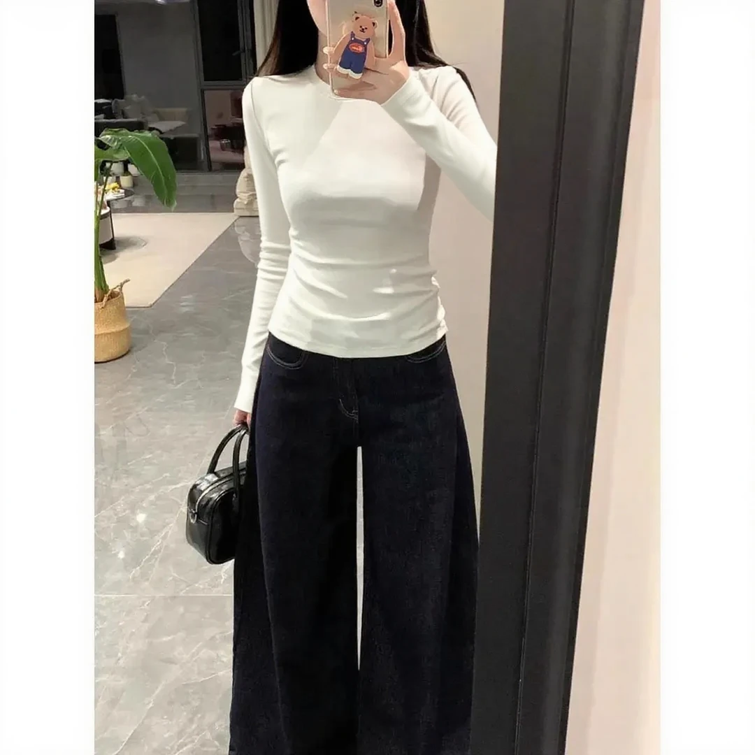 美式白色t恤女正肩长袖2025年新款显瘦修身纯棉打底紧身辣妹上衣