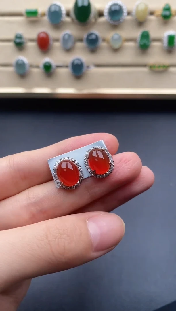 玛瑙/玉髓耳钉银S925镶嵌一物一证一礼盒