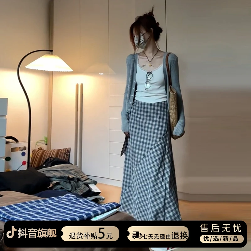 慵懒高级感灰色针织毛衣早秋季女2025新款格子半身裙减龄一整套