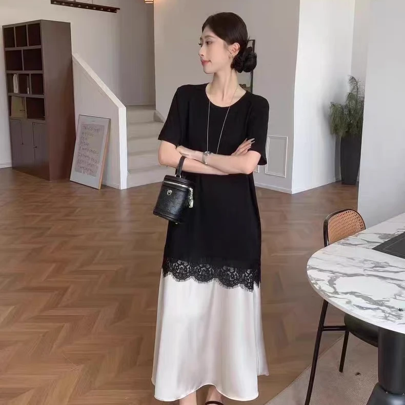 大码女装设计感蕾丝拼接假两件连衣裙法式气质高级感夏季长裙