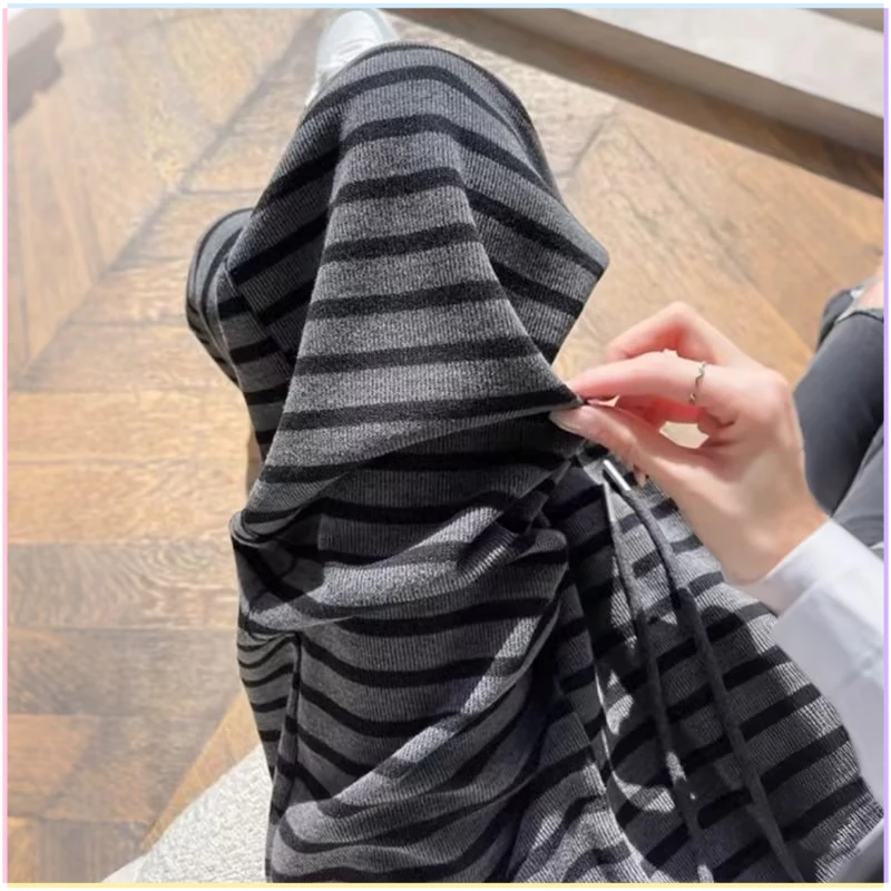 【运补8元】条纹阔腿裤女2025春季薄款高腰慵懒风窄版直筒休闲裤