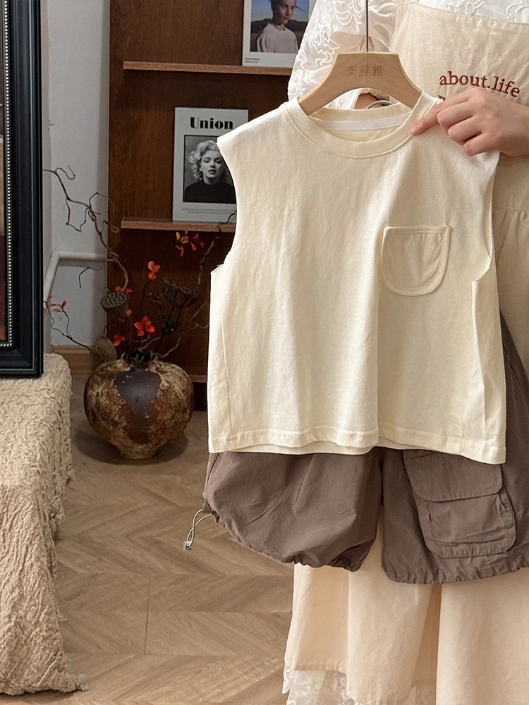 《主播力推》吼百搭~韩儿童清凉背心森系LZ183洋气口袋无袖上衣