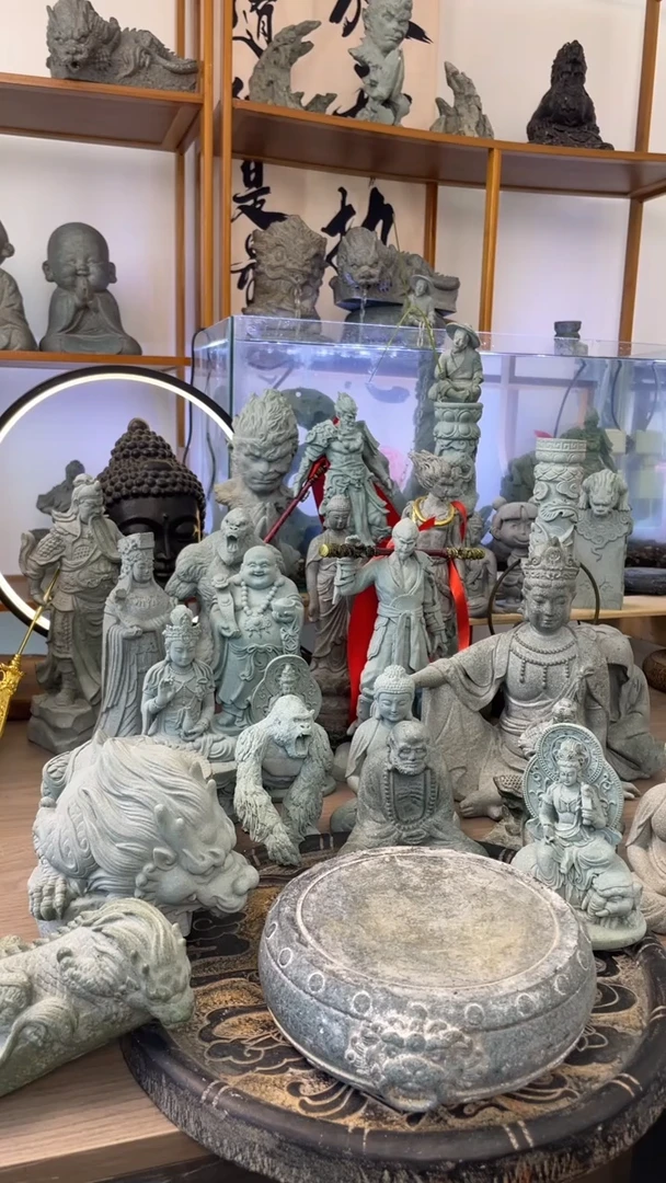 石材麒麟流水摆件1套