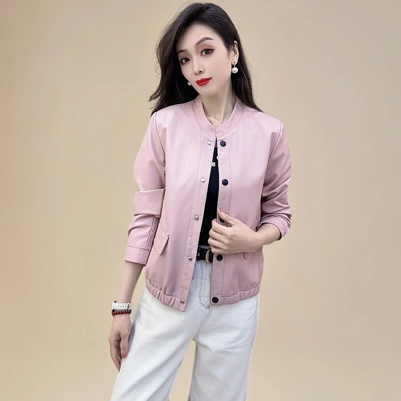 yipinyuxi/依品羽茜2025春秋时尚休闲立领单排扣皮衣外套女上衣