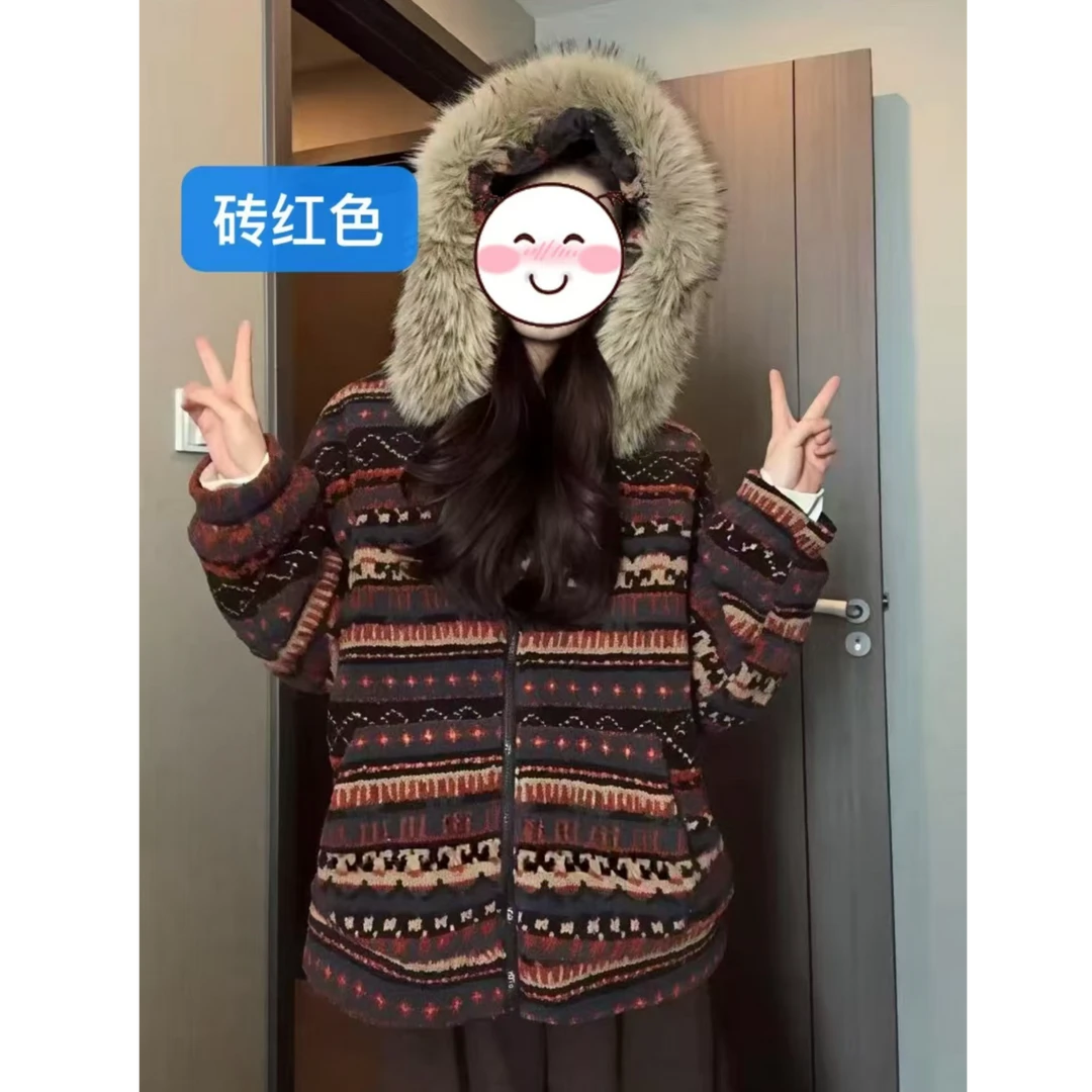 冬季新款韩系宽松连帽设计感费尔岛外套阔腿裤两件套装ff90517
