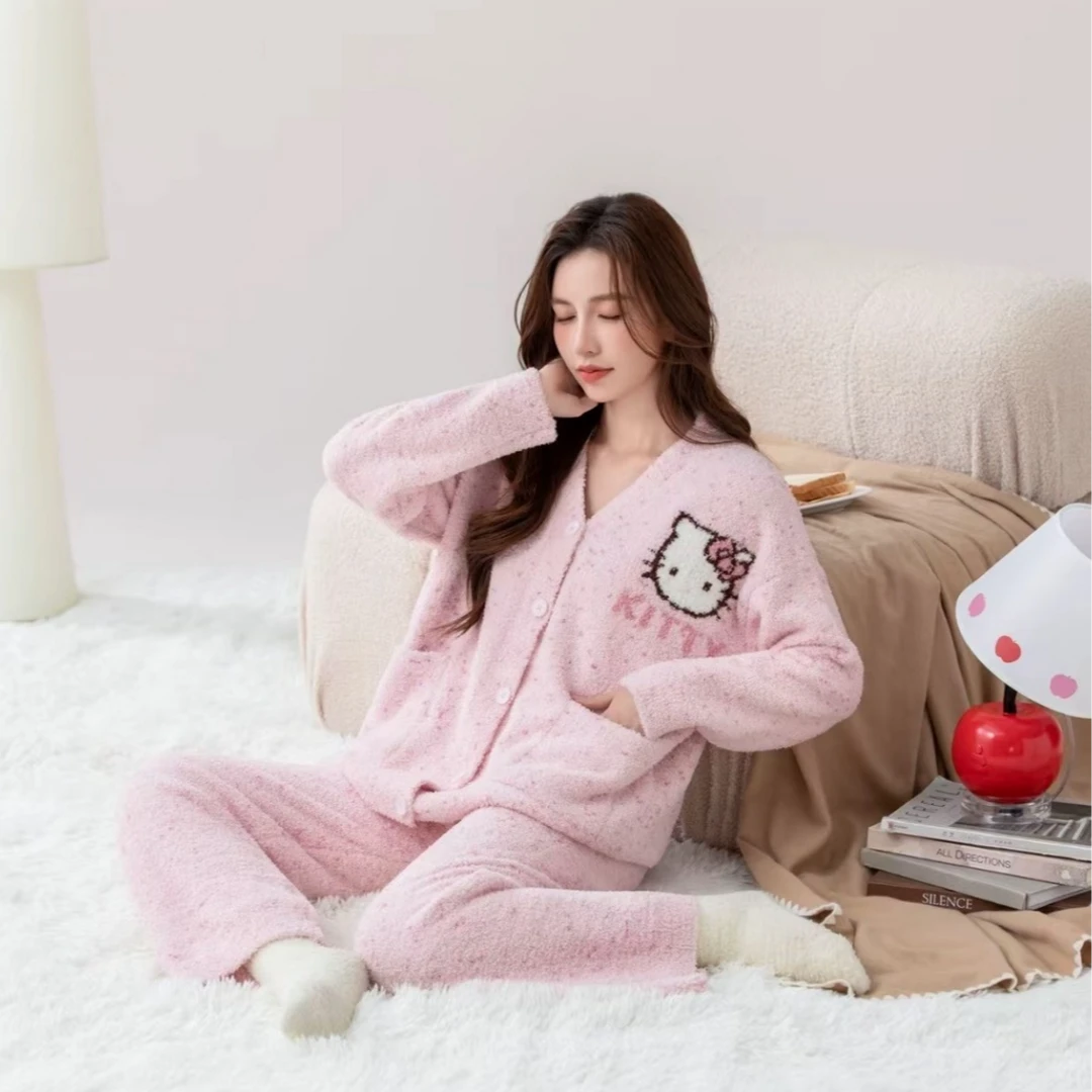 DAVINCIART粉红kitty高颜值可外穿半边绒睡衣女秋冬加厚家居服女