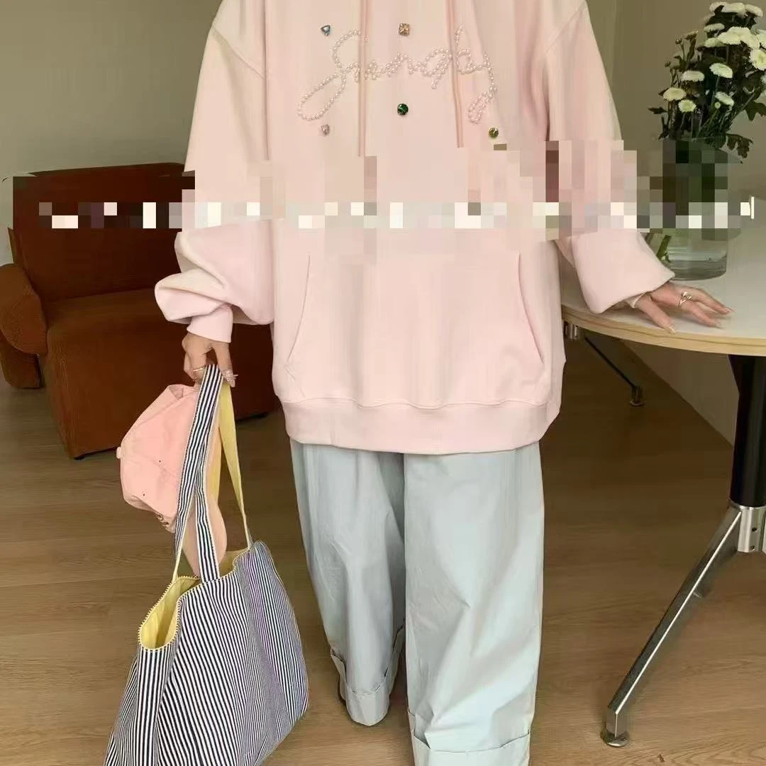 【李姑娘专属】时尚大码女装 珍珠字母宝石装饰休闲宽松卫衣