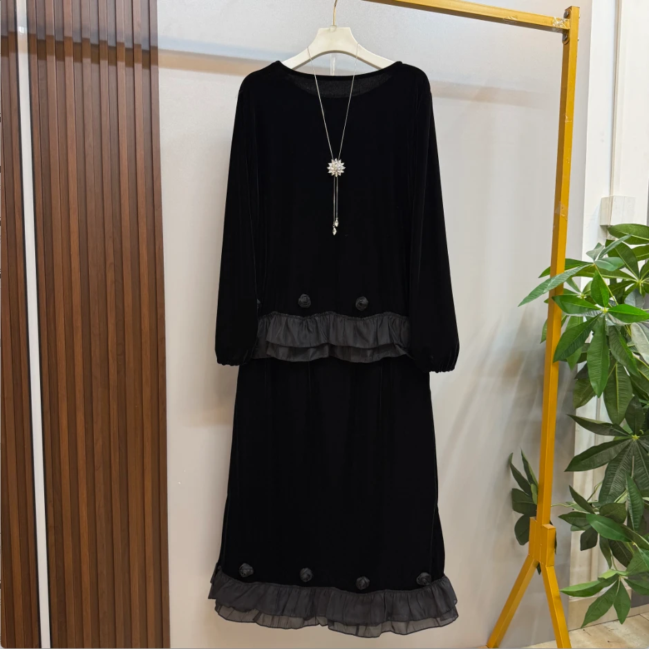 早秋新款黑色复古优雅气质遮肉立体花朵拼接设计微胖显瘦两件套