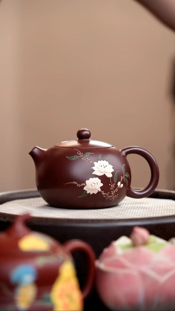 茶壶紫砂紫脂泥西施泥绘双花