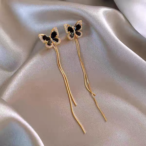 铜合金耳饰 耳环蝴蝶精致黑色饰品甜美两戴气质百搭长款时尚8845