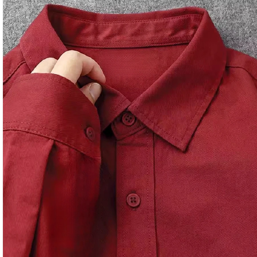 开春衬衫安可拉红纯棉复古翻领工装长袖衬衫休闲百搭上衣衬衣搭款