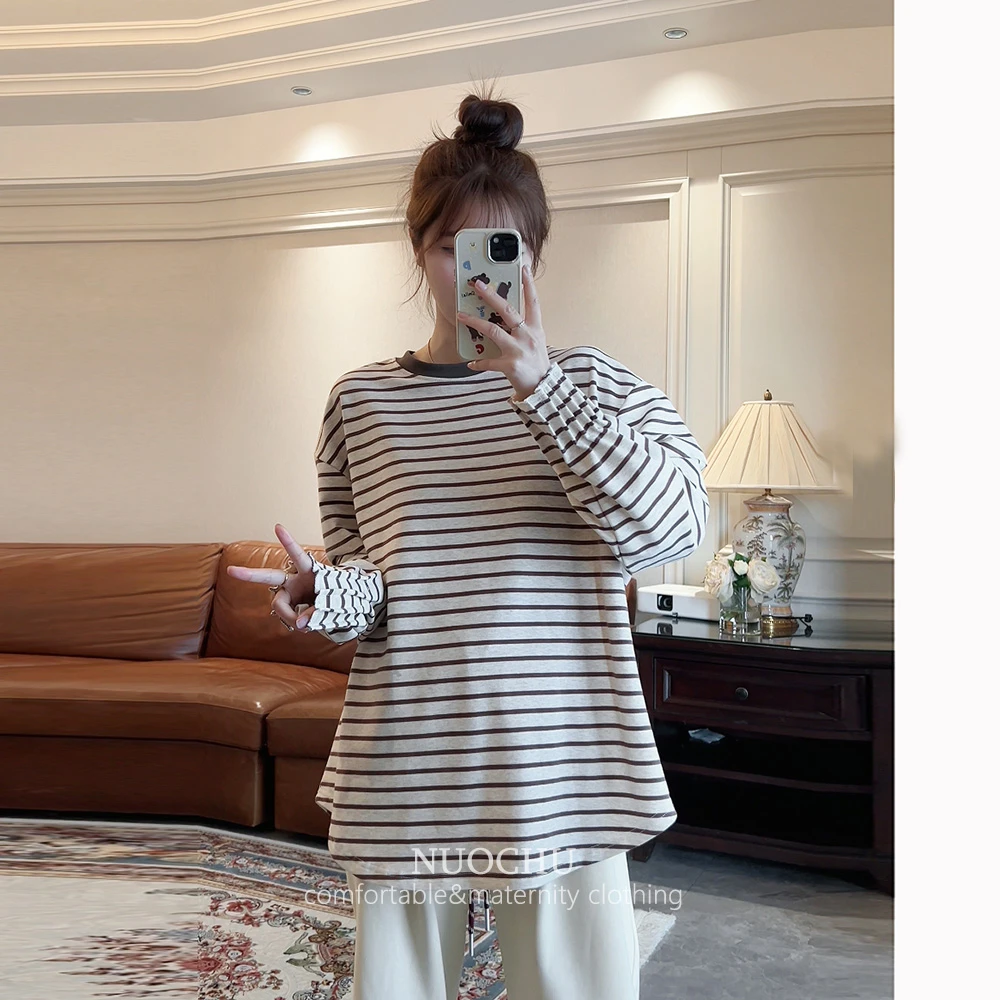 韩版舒适显瘦条纹衫大码T恤2025秋季新款中长款打底衫上衣