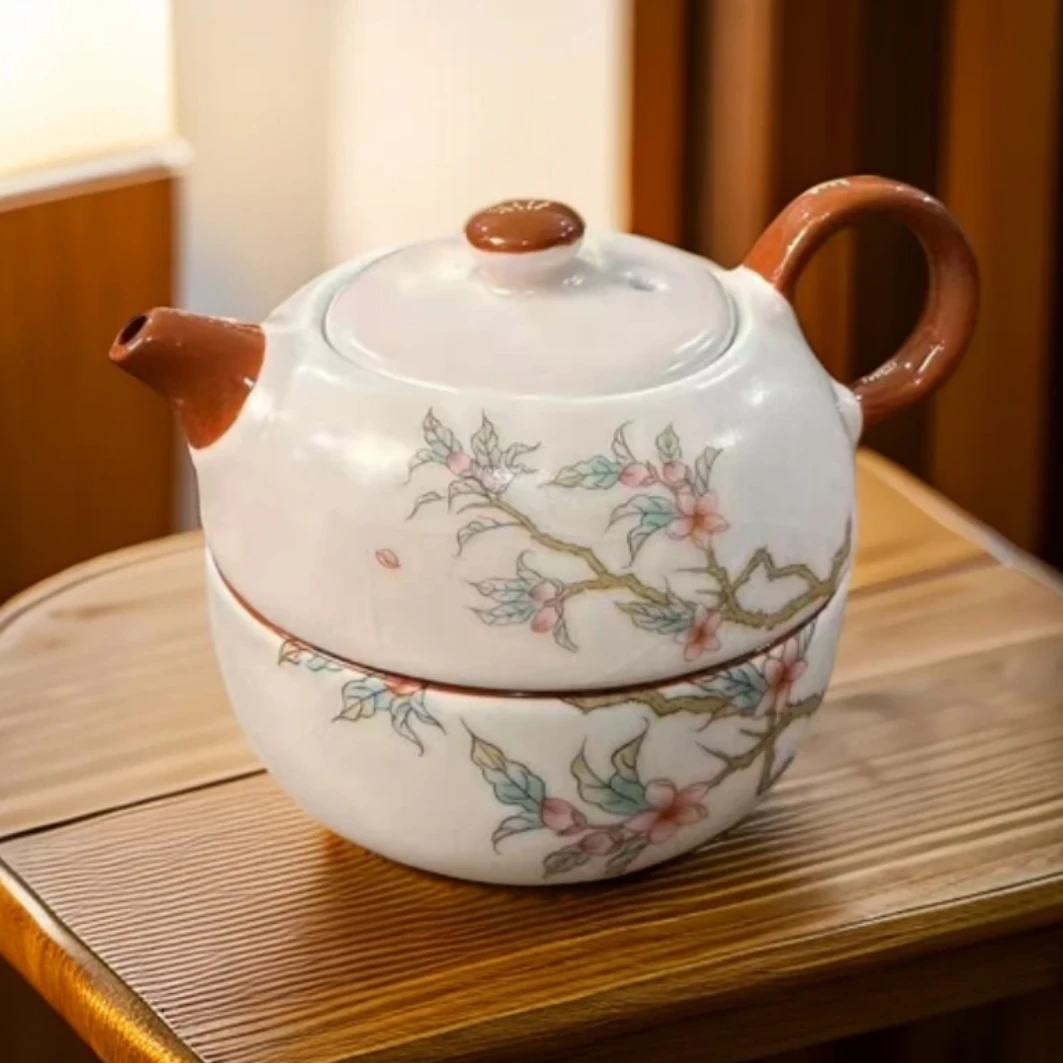 粉色汝窑紫藤花旅行茶具户外露营便携陶瓷一壶一杯个人泡 k0082