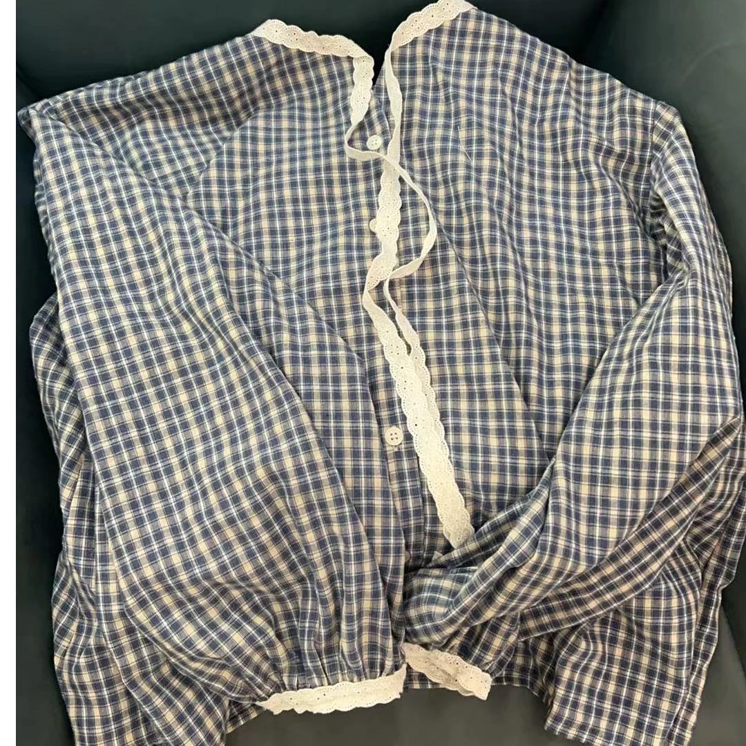 【NO退NO换】韩国东大门2025春款蓝色格子蕾丝花边衬衣