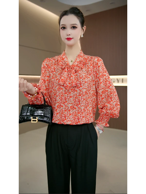 鸿运当头气质长袖法式衬衫2025新款优雅飘带小衫时尚显瘦上衣
