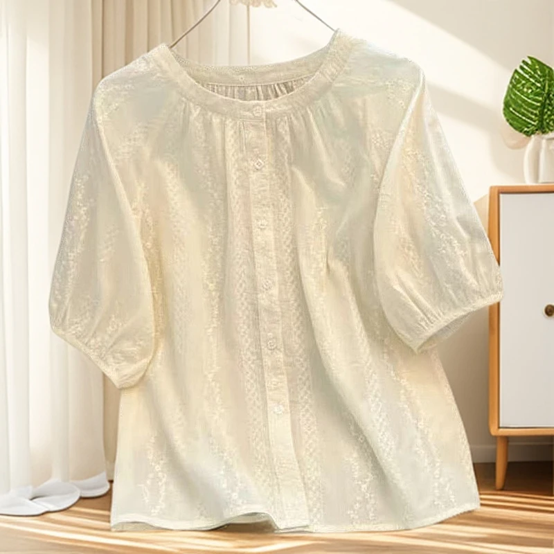 法式复古提花杏色温柔绣花棉文艺短袖衬衫女宽松显瘦衬衣夏娃娃衫