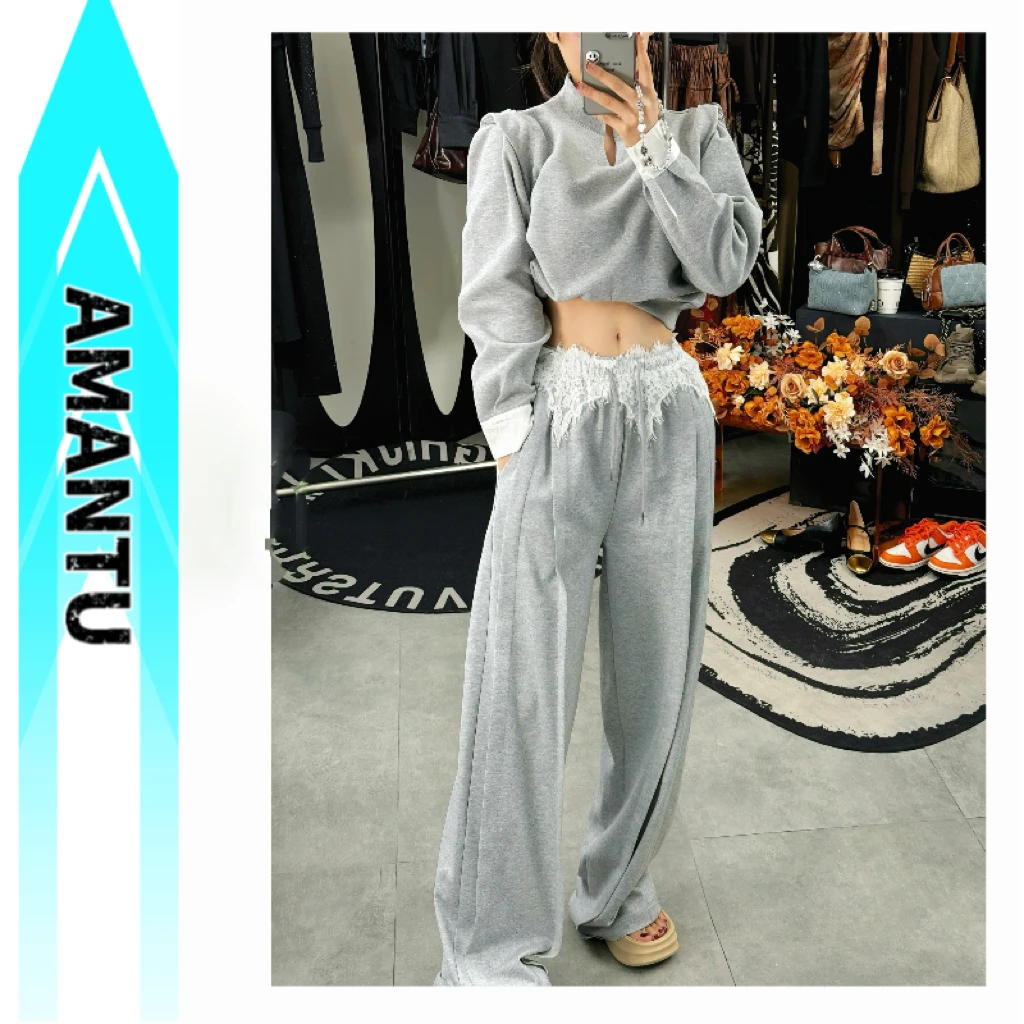 韩系蕾丝休闲运动套装女春秋款新款时尚洋气减龄假两件两件套115