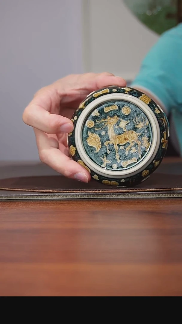 青花釉里金 金鹿纳福 板凳盖置