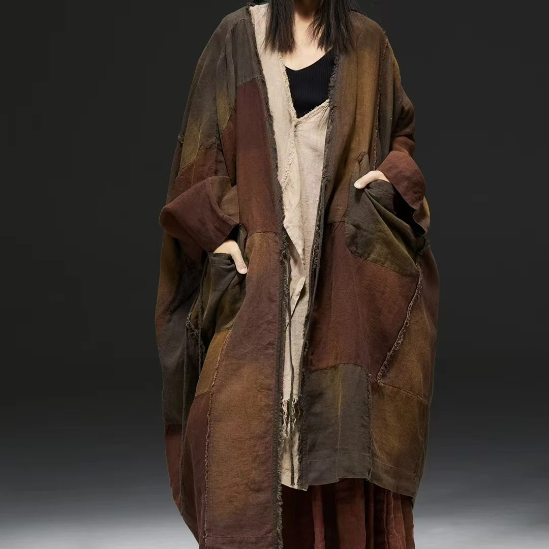 原创麻依者亚麻色织拼接做旧长款对襟开衫2025春M-079【新款】