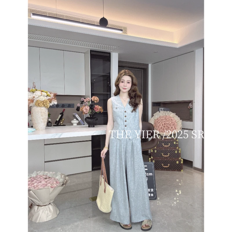 珩绣老钱风条纹马甲套装夏季高腰阔腿裤两件套时髦JR-T20888