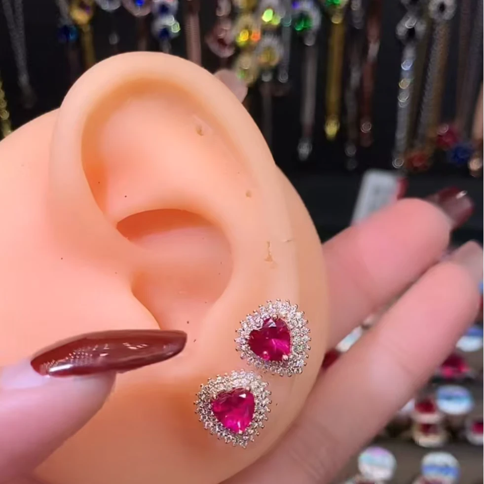 红宝石耳饰银镶玫瑰金