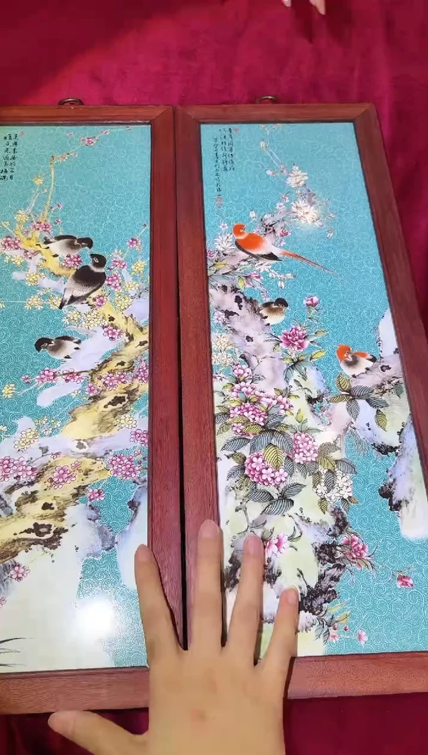 摆件A3/花鸟纹瓷板画一对