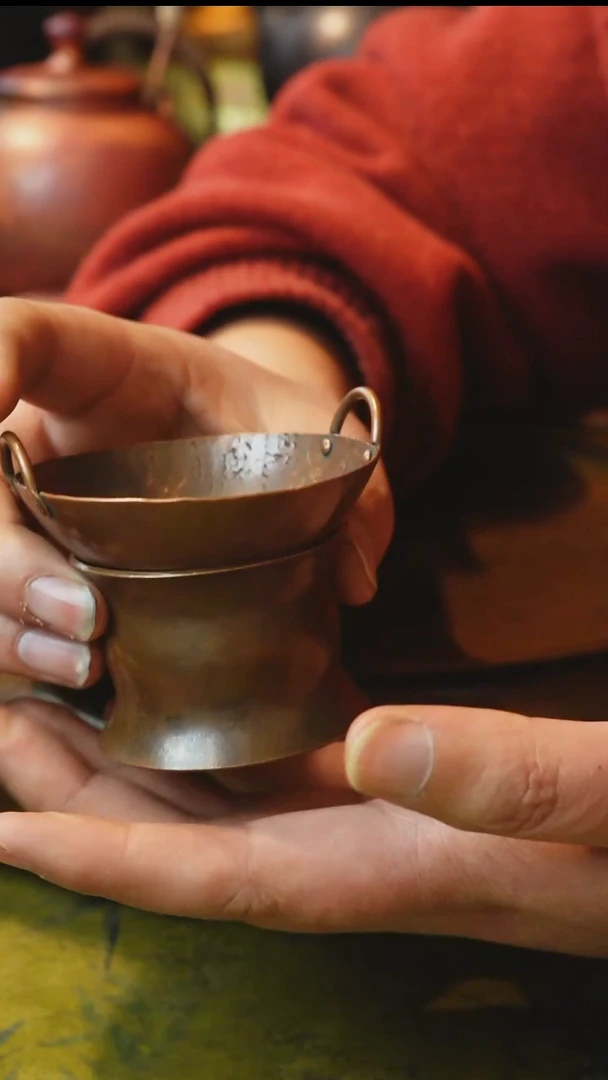 纯紫铜双耳锅茶漏＋茶漏托