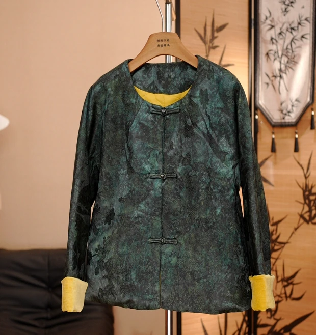 【枝春】新中式墨绿油丝提花夹棉盘扣外套女上衣棉服改良唐装国风