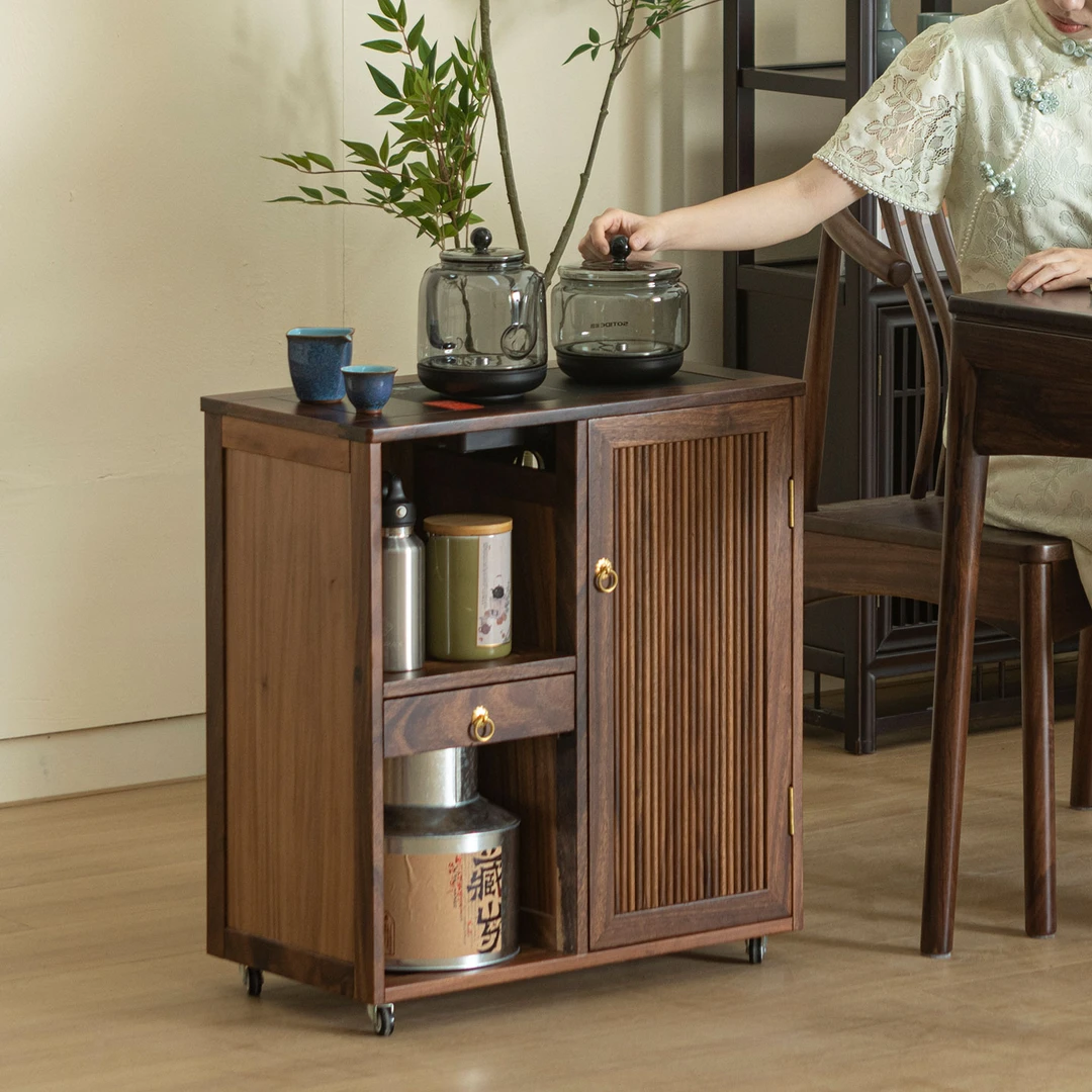 胡桃木茶水柜实木新中式客厅茶室可移动茶边柜侧柜置物架边几