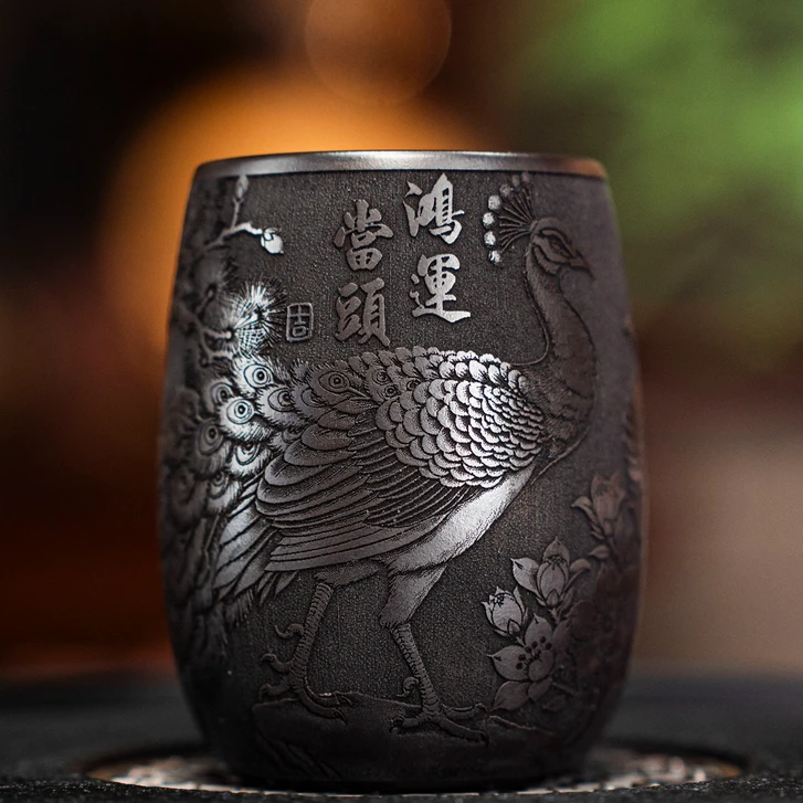 8101宜兴紫砂手工雕刻鸿运当头龙蛋杯