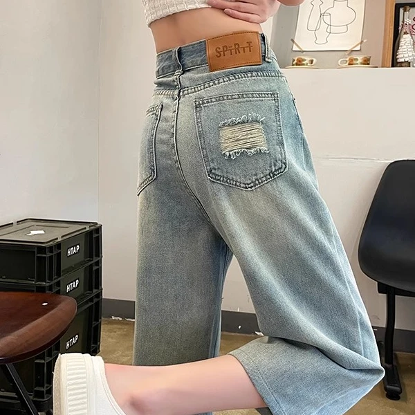 破洞牛仔七分裤女2025夏季薄款梨型微胖遮肉小个子八分窄版直筒裤