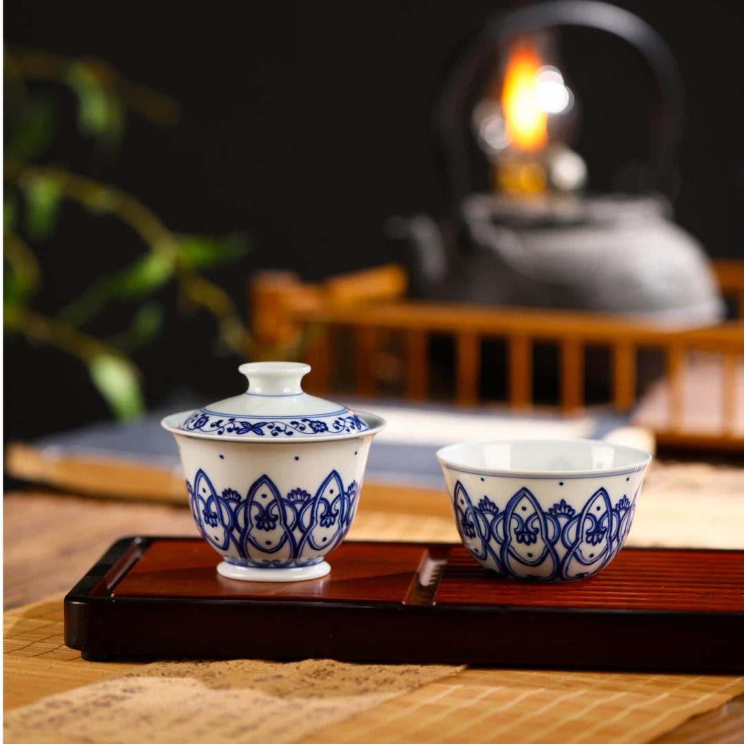 【照夜白】纯手绘青花宝相纹陶瓷二才盖碗杯中式高端茶道器具礼盒装