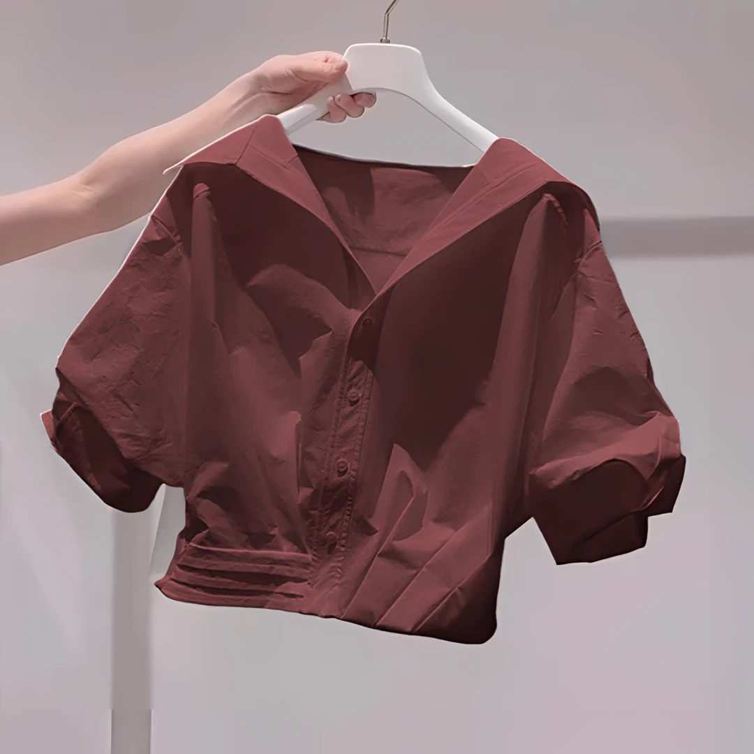 法式气质咖色翻领短款百搭衬衣女夏季新款轻奢高级感短袖衬衫上衣