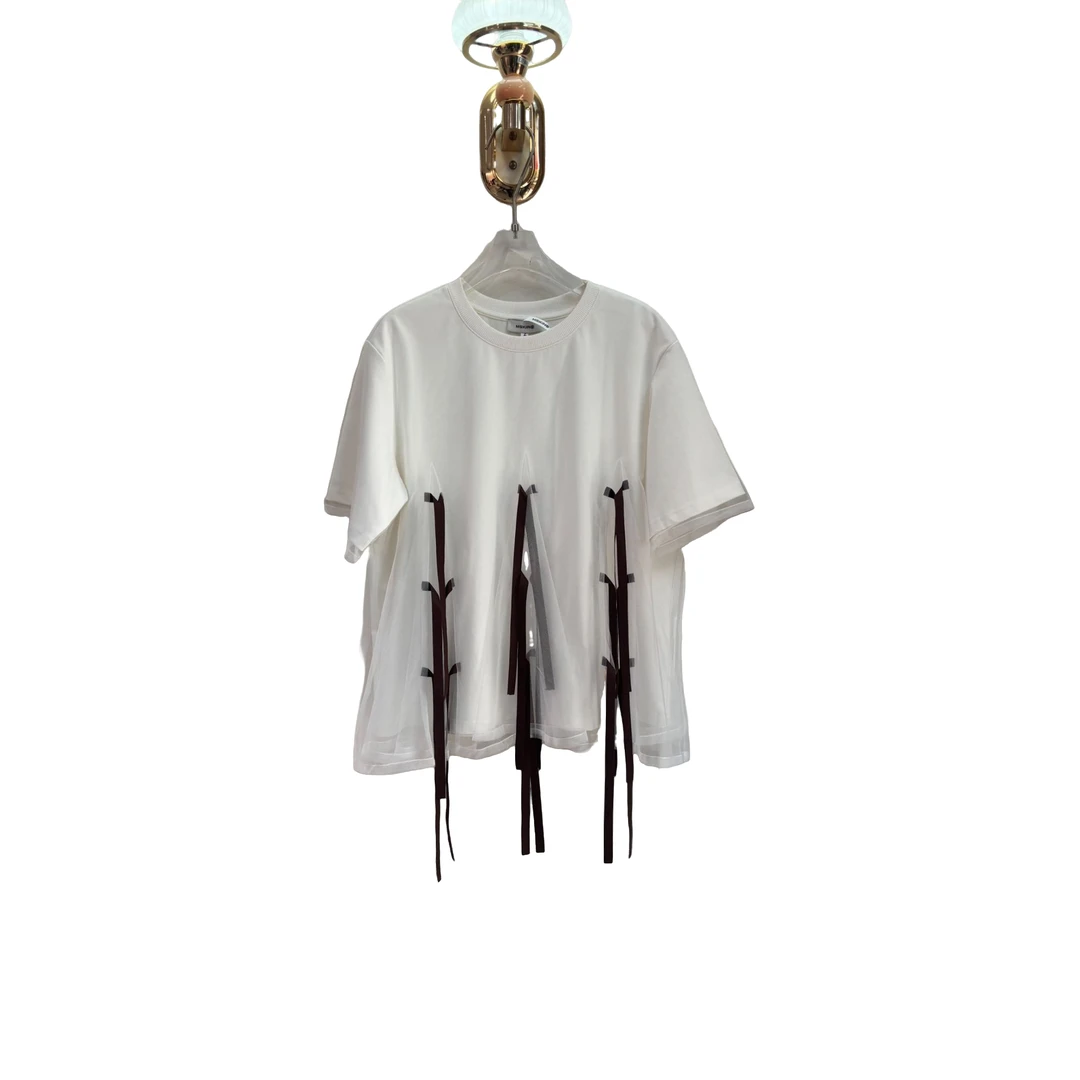 南油小众设计师新品丝带拼接T恤