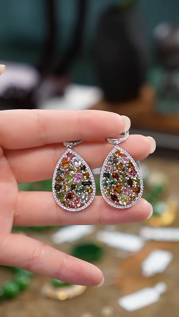 银S925镶嵌耳坠碧玺，耳饰，