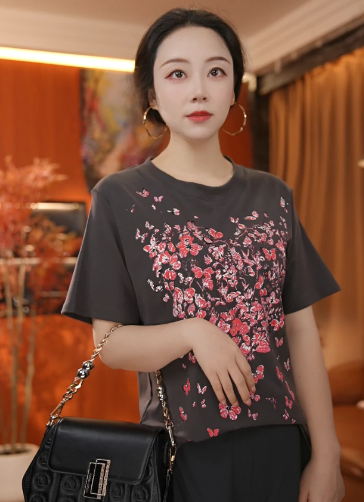 【大瑾瑾】-新款时尚花朵蝴蝶心形图案短袖T恤【1279】