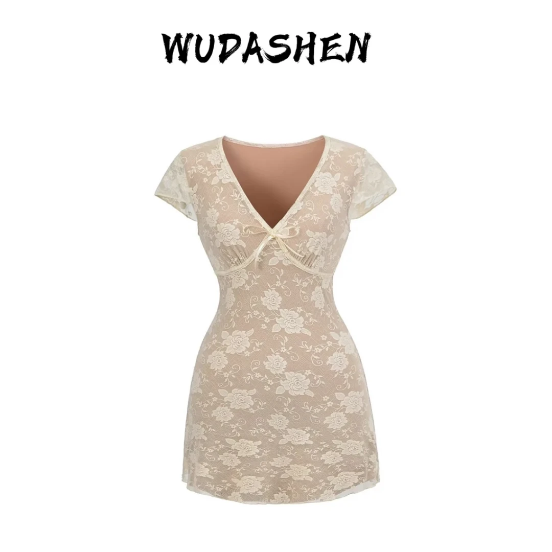 【你伍老板娘】“金丝雀”蕾丝双层不透深A字短袖连衣裙