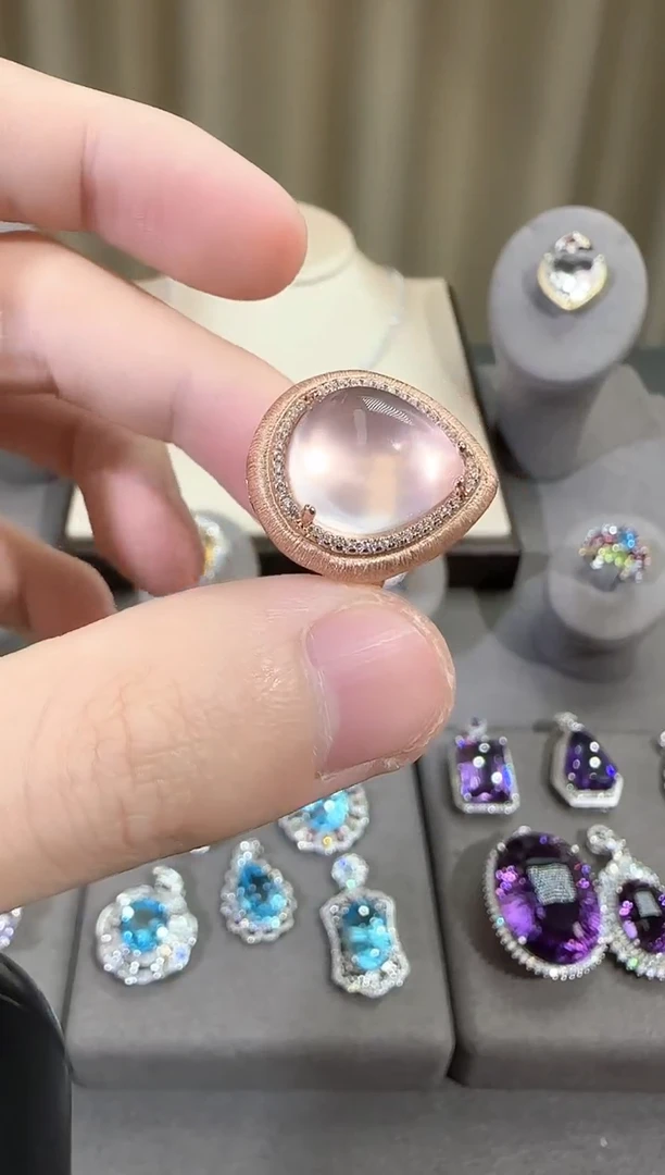 银S925镶嵌戒指芙蓉石12*14mm星光粉水晶戒指