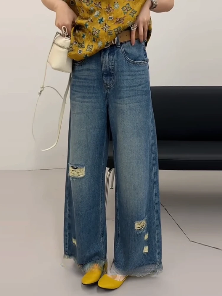 韩版气质设计口袋刺绣毛边破洞九分直筒阔腿牛仔裤女2025秋季新款