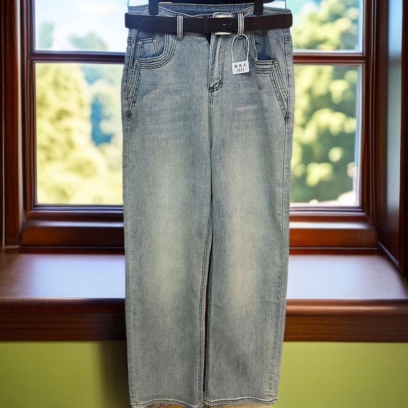 高腰设计感复古做旧显瘦宽松直筒牛仔裤潮流百搭蓝色