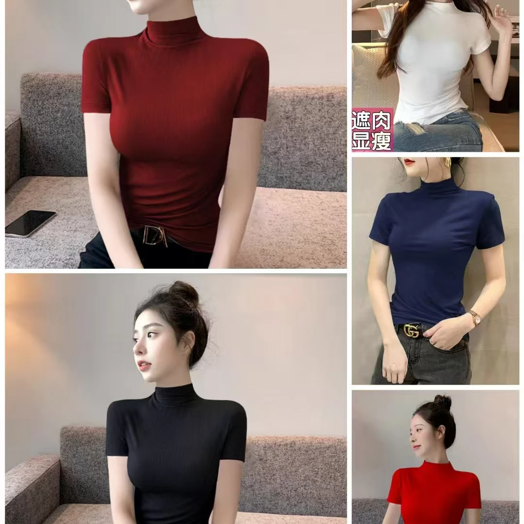 大码显瘦新款半高领短袖T恤打底衫内搭夏春秋新款洋气上衣8001