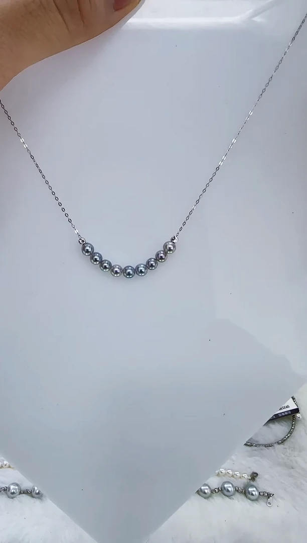 银S925镶嵌海水珍珠DA海水灰珠微笑链4-5 y333