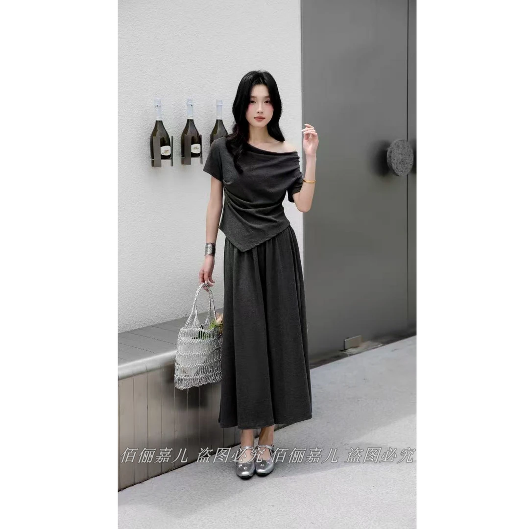 夏季时尚气质设计感褶皱不规则上衣宽松显瘦裙子两件套