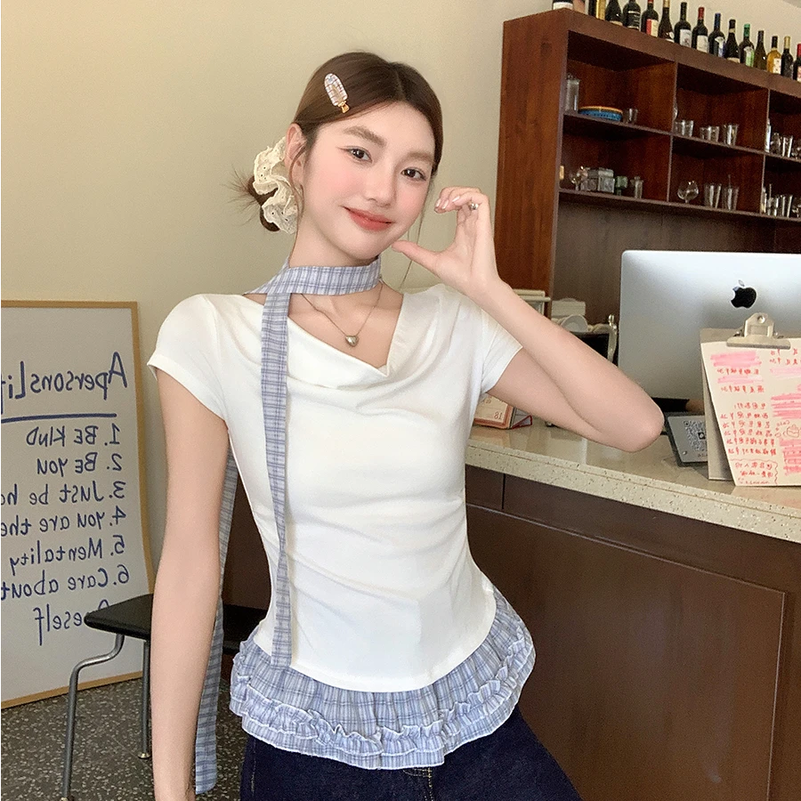斜领露肩假两件花边短袖t恤女夏2025新款修身收腰短款一字肩上衣