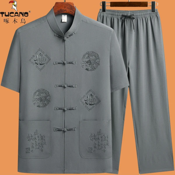 啄木鸟唐装中老年爸爸夏季短袖新款高档民族风中式薄款宽松晨练服