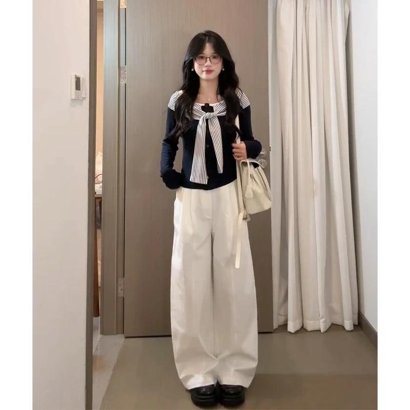 2025秋季新款女韩系穿搭假两件条纹长袖上衣百搭高腰显瘦阔腿长裤