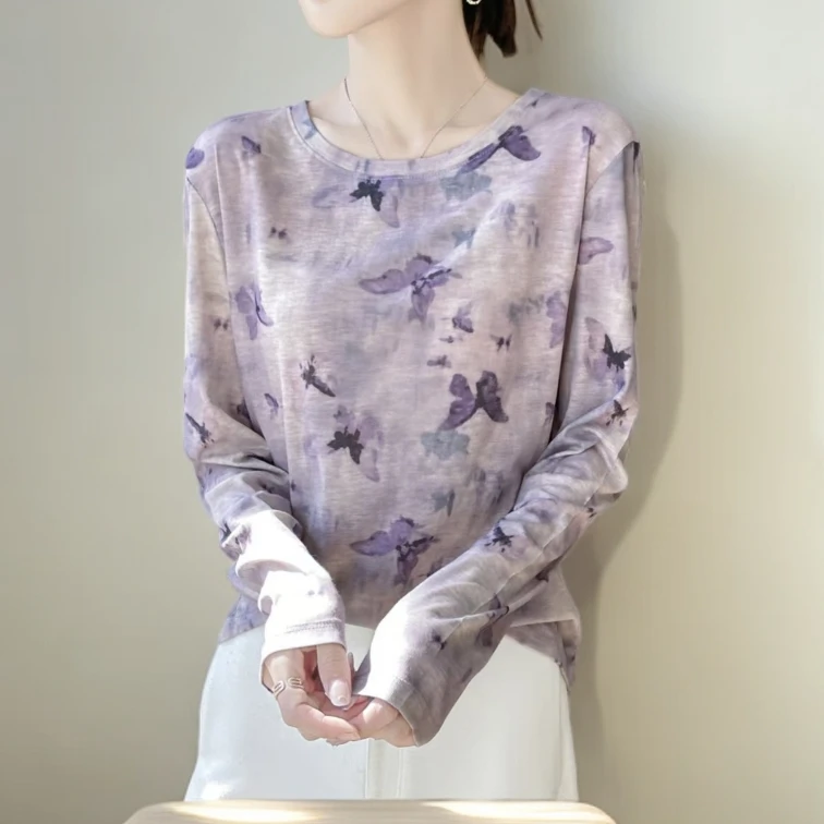 老师同款扎染内搭长袖休闲圆领莱赛尔天丝薄款打底衫百搭上衣