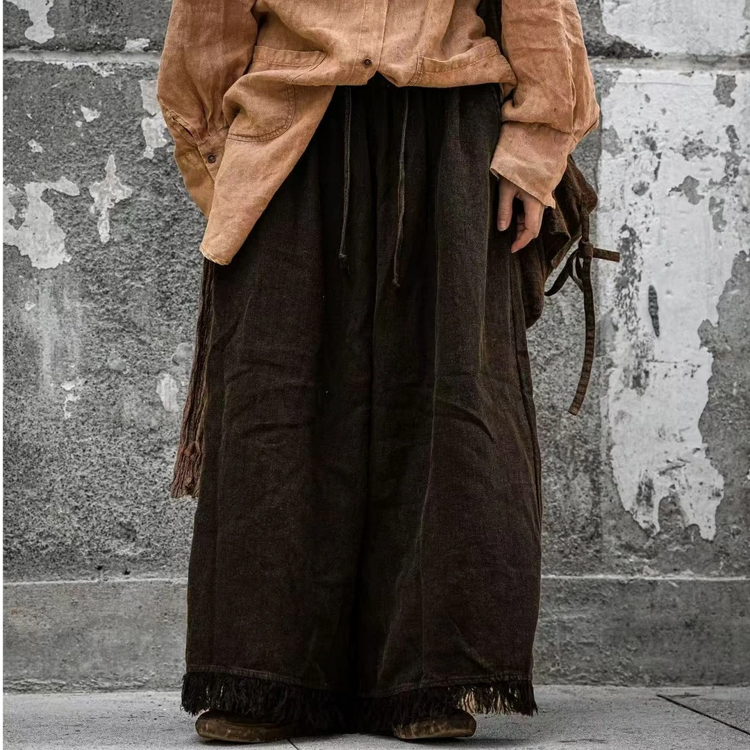 疯子张25春款亚麻单层文艺流苏边垂感阔腿休闲裤#08437